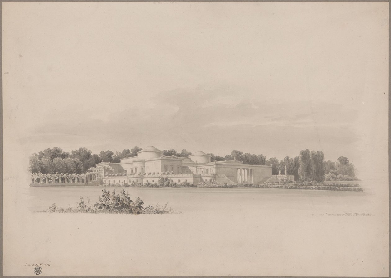 Potsdam-Sanssouci. Oud landhuis bij kasteel Charlottenhof. Perspectiefaanzicht vanuit het noordoosten door Karl Friedrich Schinkel