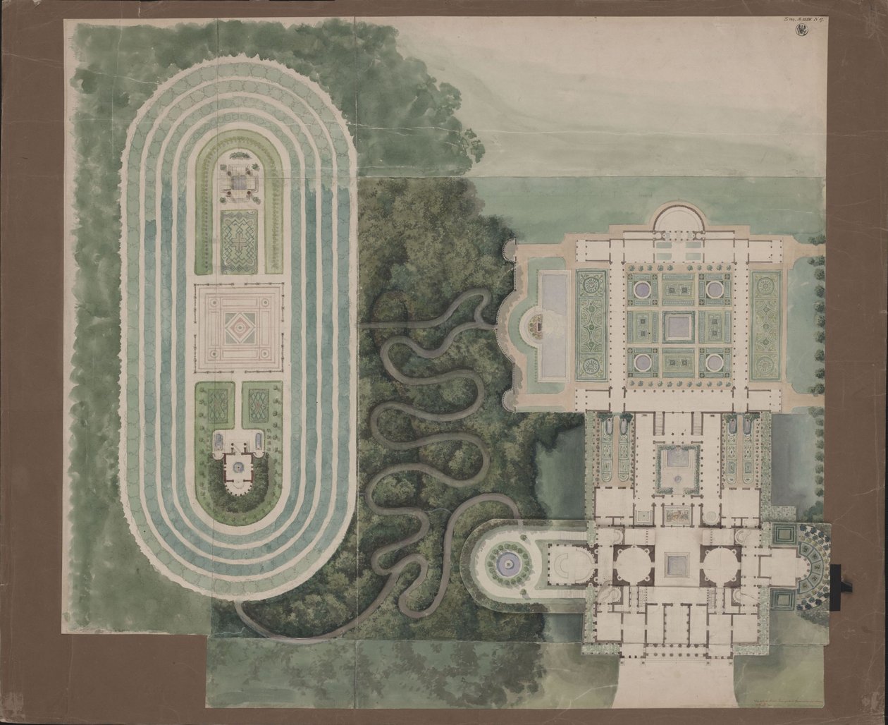 Potsdam-Sanssouci. Antiek landhuis bij Slot Charlottenhof. Situatieplan en grondplan door Karl Friedrich Schinkel