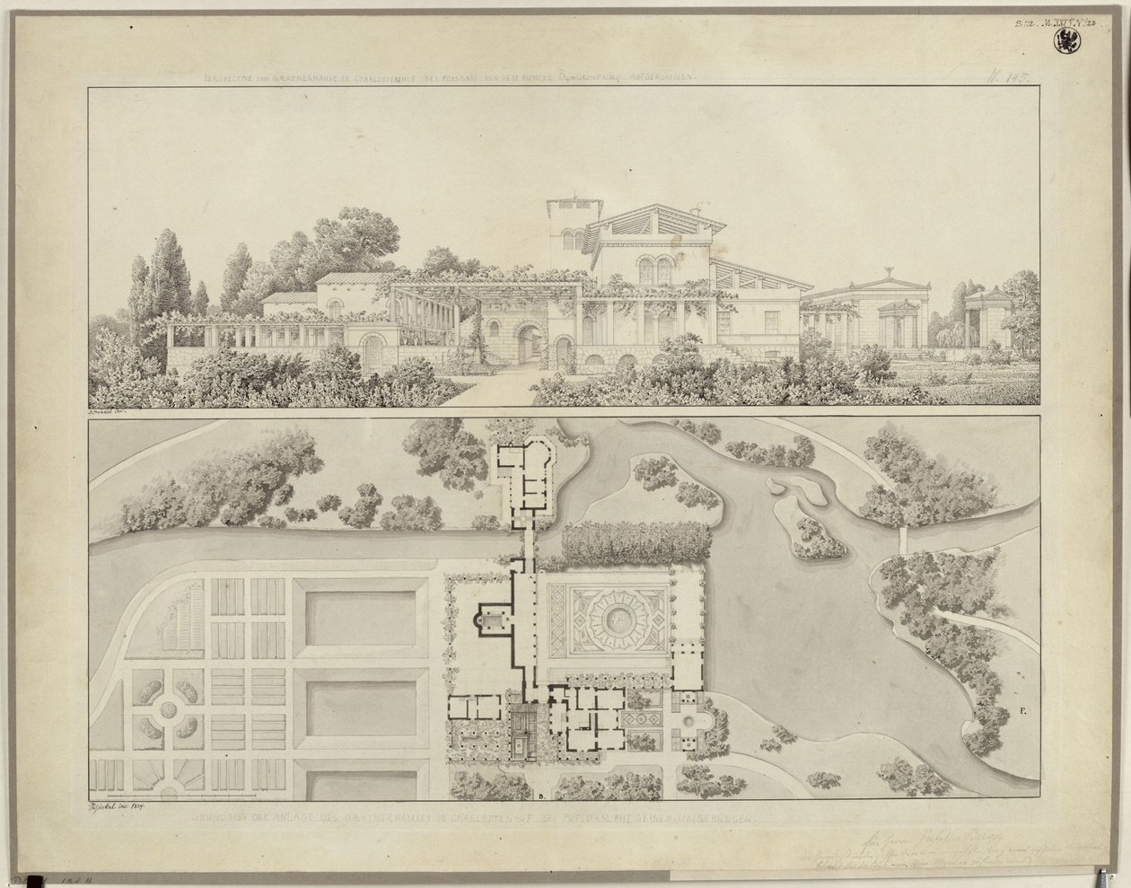 Potsdam-Sanssouci. Romeinse baden bij Slot Charlottenhof. Aanzicht vanuit het westen en plattegrond van het tuinmanshuis door Karl Friedrich Schinkel