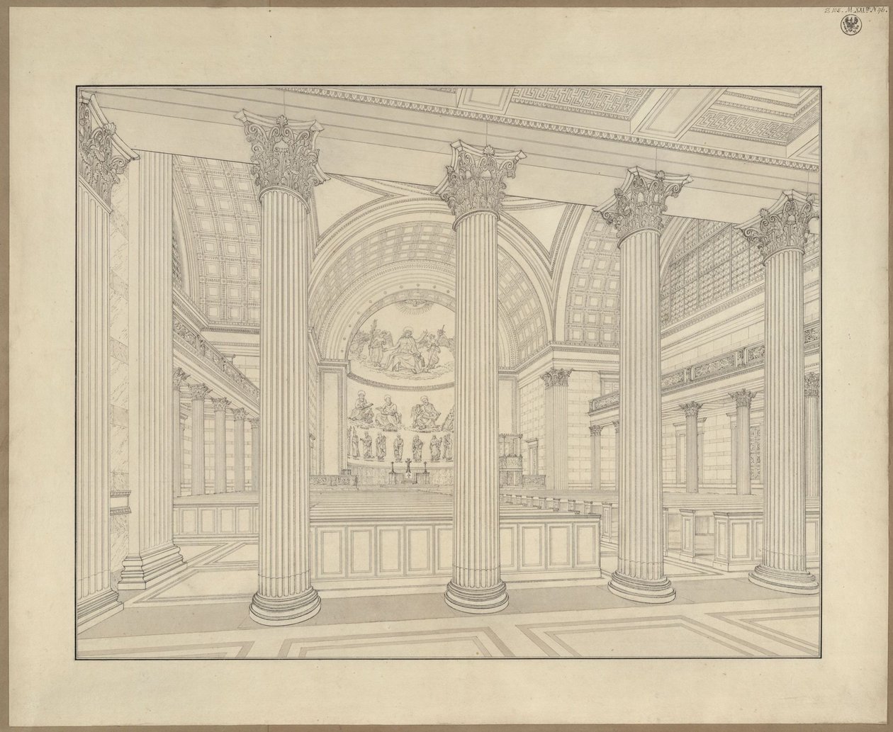 Potsdam. Sint-Nicolaaskerk. Perspectivisch interieurzicht van het uitvoeringsontwerp door Karl Friedrich Schinkel