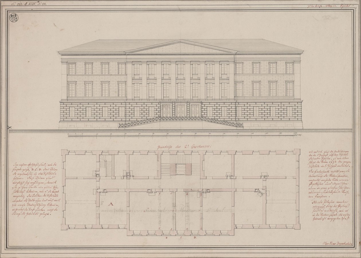 Ratibor (Racibórz). Ontwerp voor het Hof van Beroep. Aanzicht en plattegrond door Karl Friedrich Schinkel