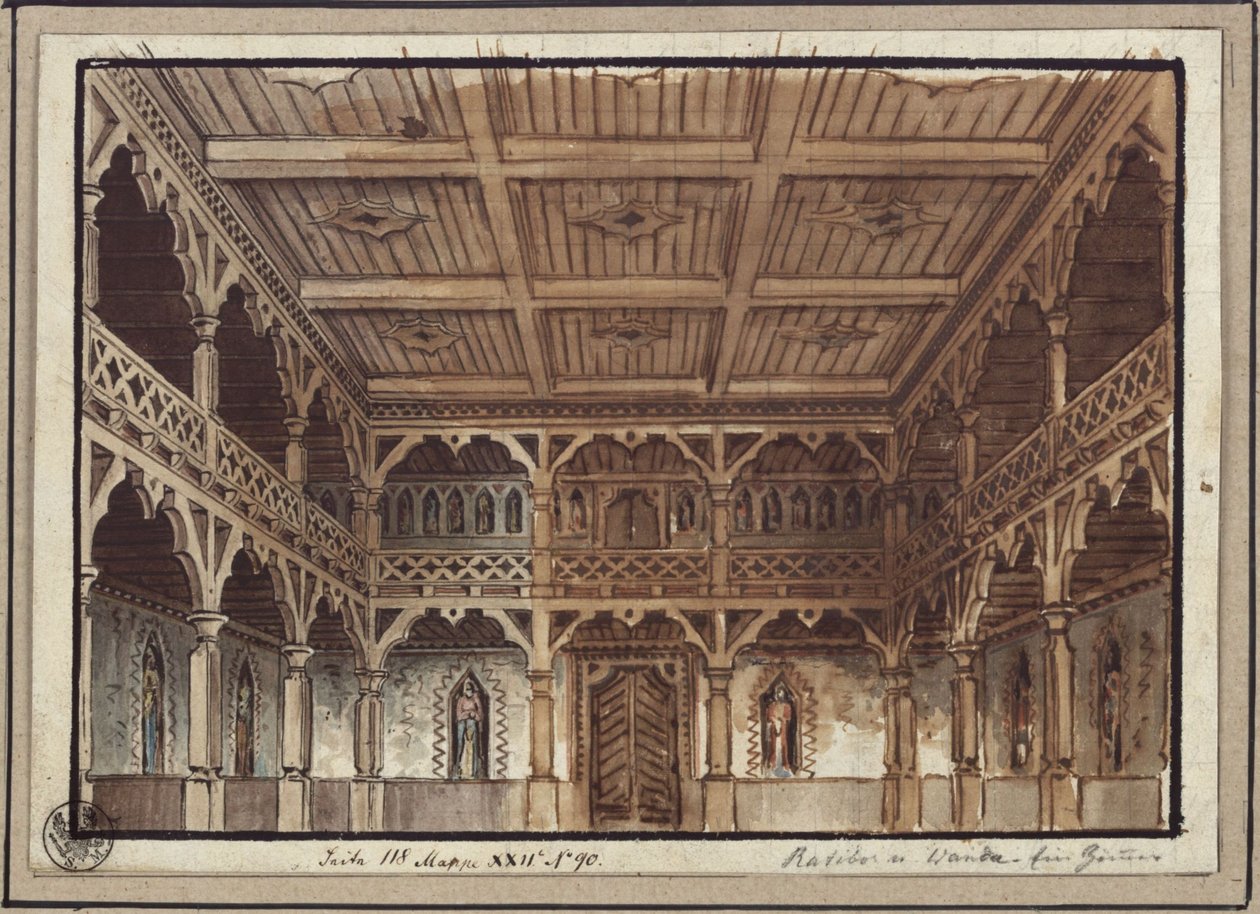 Ratibor en Wanda. Toneelstuk van Jakob Andreas Konrad Levezow. Ontwerp voor het 2e decor. Vrouwenvertrek in de burcht door Karl Friedrich Schinkel