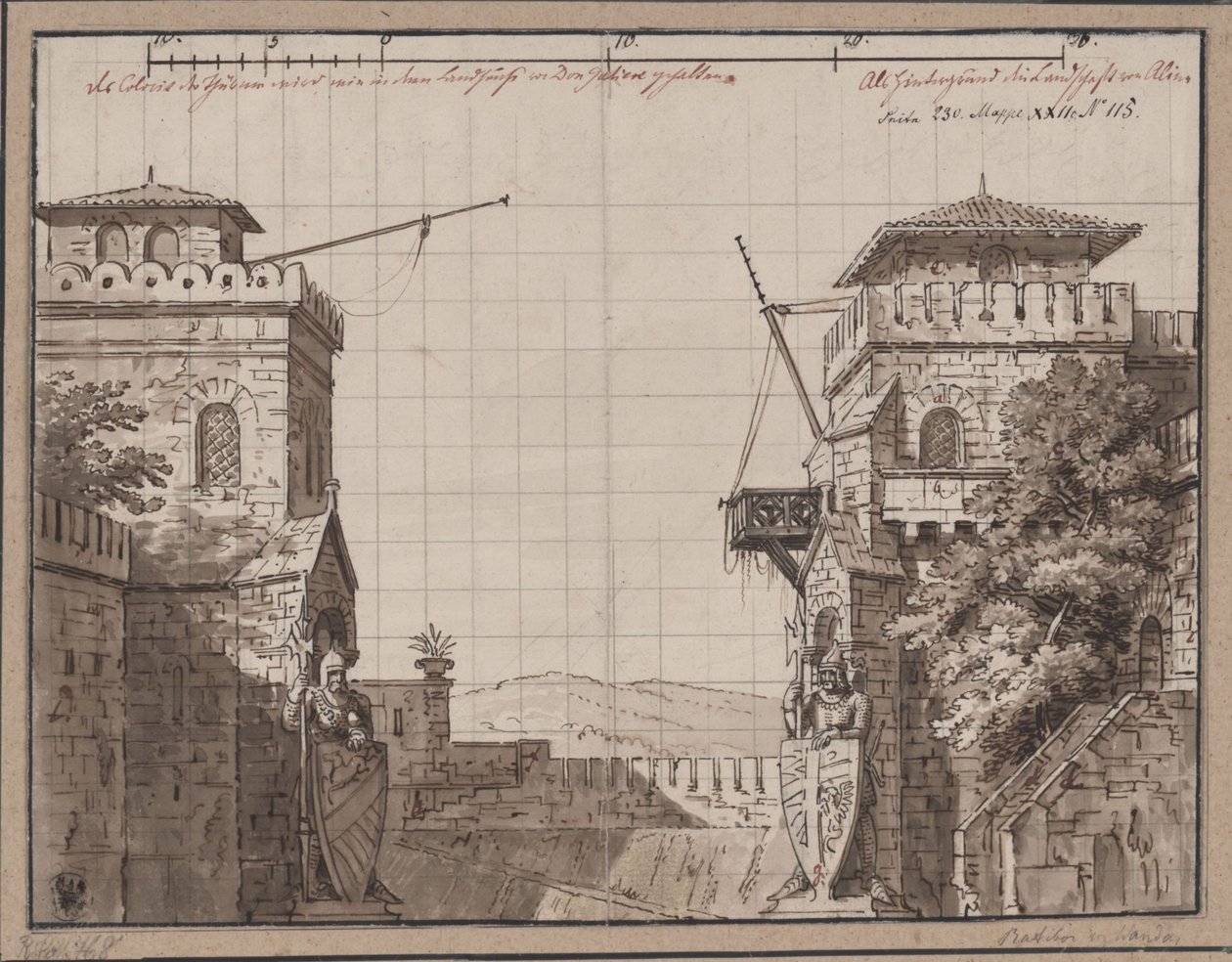 Ratibor en Wanda. Toneelstuk van Jakob Andreas Konrad Levezow. Ontwerp voor het derde decor. Fort met uitzicht op de bergen door Karl Friedrich Schinkel