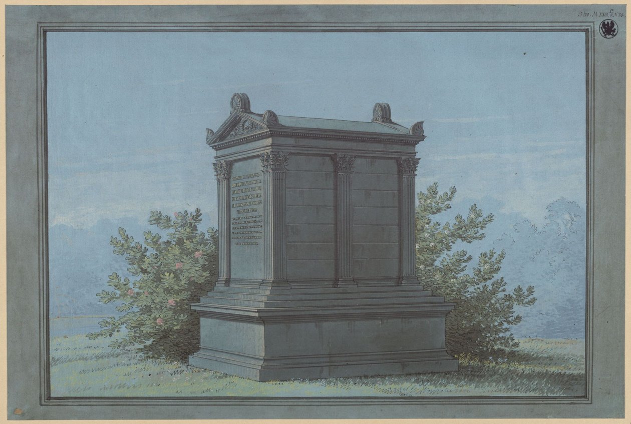 Sarcofaag in tempelvorm - Belchau (Białochowo), vroeger district Graudenz (Powiat Grudziądzki), regeringsdistrict Marienwerder (Województwo Kujawsko-Pomorskie). Ontwerp voor het grafmonument Klinggräf in de vorm van een kleine tempel met Korinthische door Karl Friedrich Schinkel