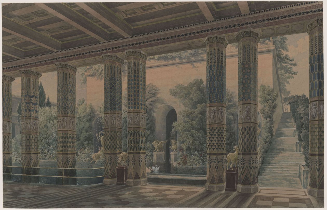Paleis Orianda op de Krim. Antiek ontwerp. Ontvangsthal, keizerlijke tuin door Karl Friedrich Schinkel