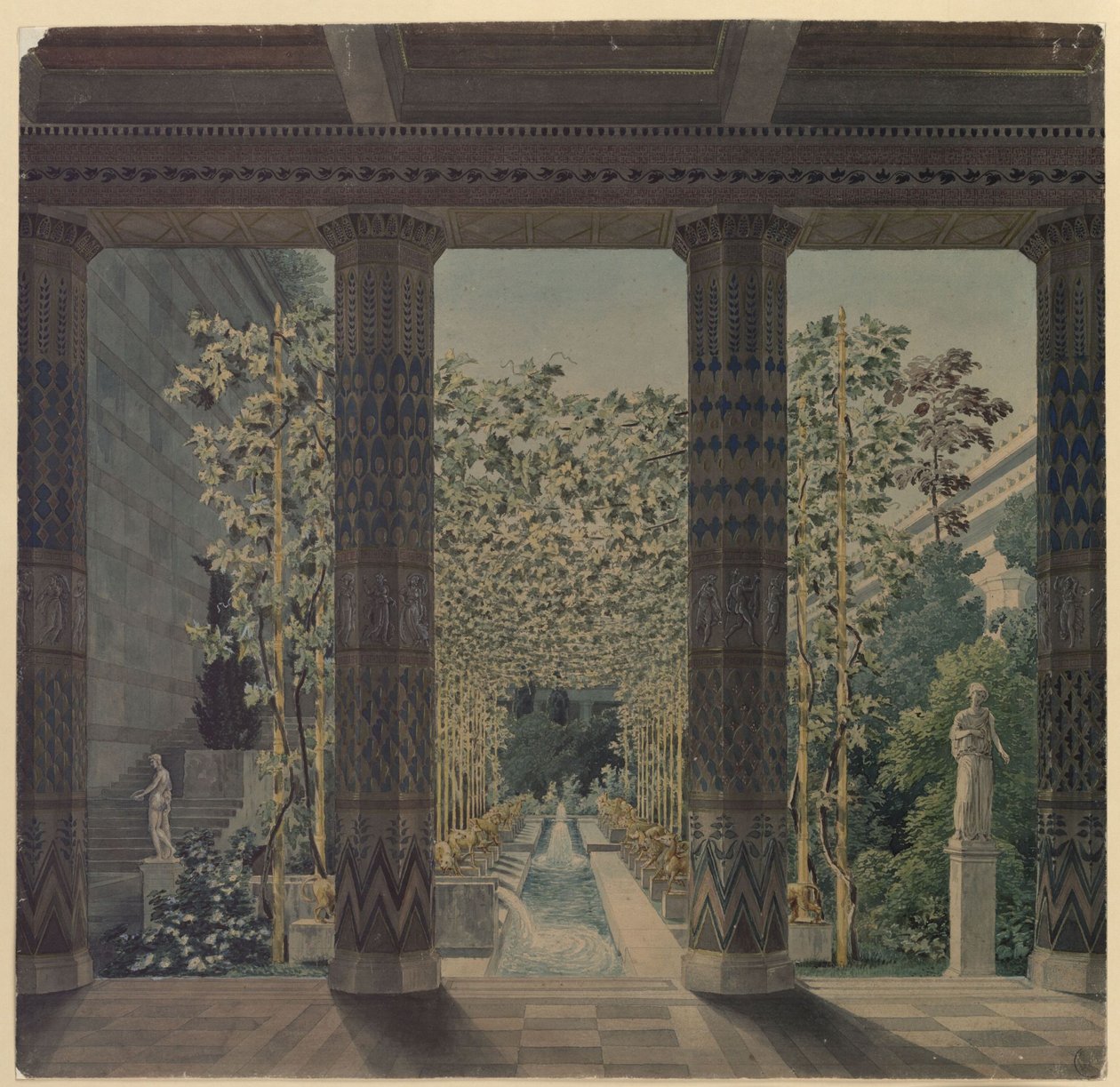 Kasteel Orianda op de Krim. Antiek ontwerp. Keizerlijke tuin door Karl Friedrich Schinkel