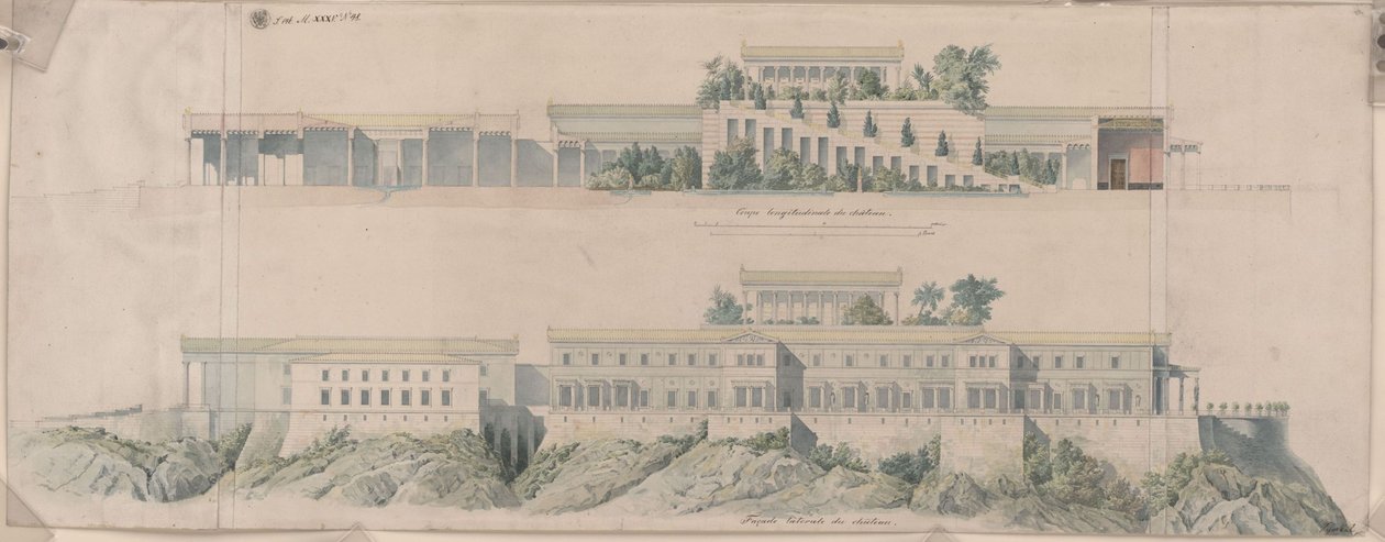 Paleis Orianda op de Krim. Antiek ontwerp. Langsdoorsnede, zijaanzicht door Karl Friedrich Schinkel