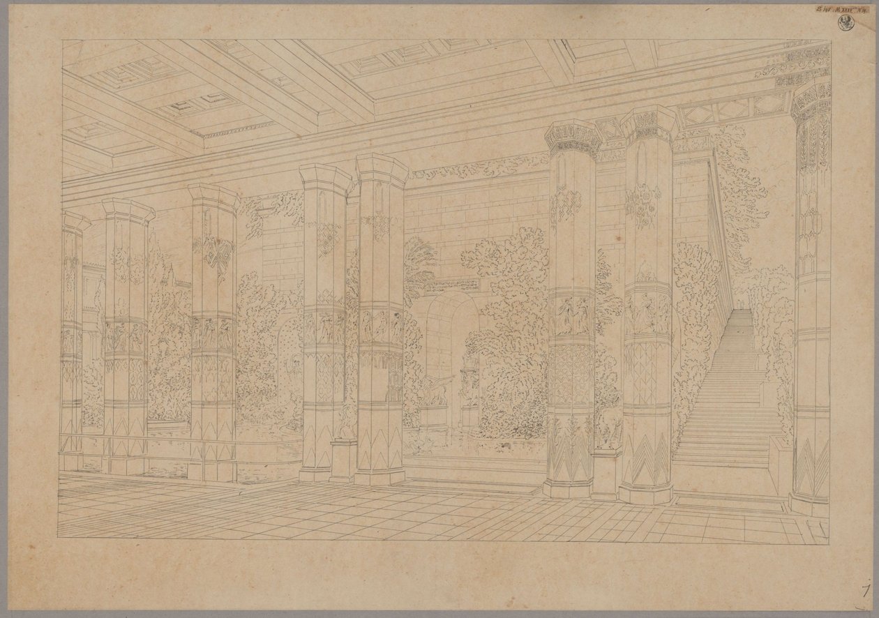 Paleis Orianda op de Krim. Antiek ontwerp. Perspectivisch gezicht op de porticus van het keizerlijk hof met bassin en museum door Karl Friedrich Schinkel