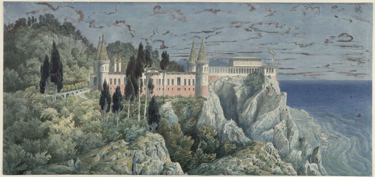 Paleis Orianda op de Krim. Moskovitisch ontwerp. Aanzicht door Karl Friedrich Schinkel
