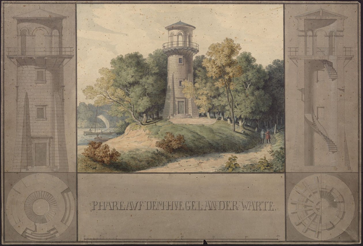 Kasteel Owinsk (Owińska), vroeger district en bestuursregio Posen (woiwodschap Groot-Polen). Ontwerp voor een vuurtoren in het park door Karl Friedrich Schinkel