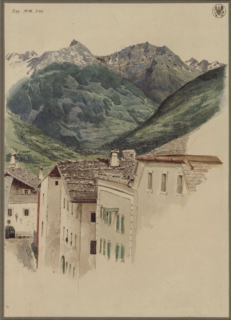 Straat in Hofgastein met uitzicht op de Hüttelkogel, de Graukogel, het Feuerseng-massief en de Gamskarspitze door Karl Friedrich Schinkel