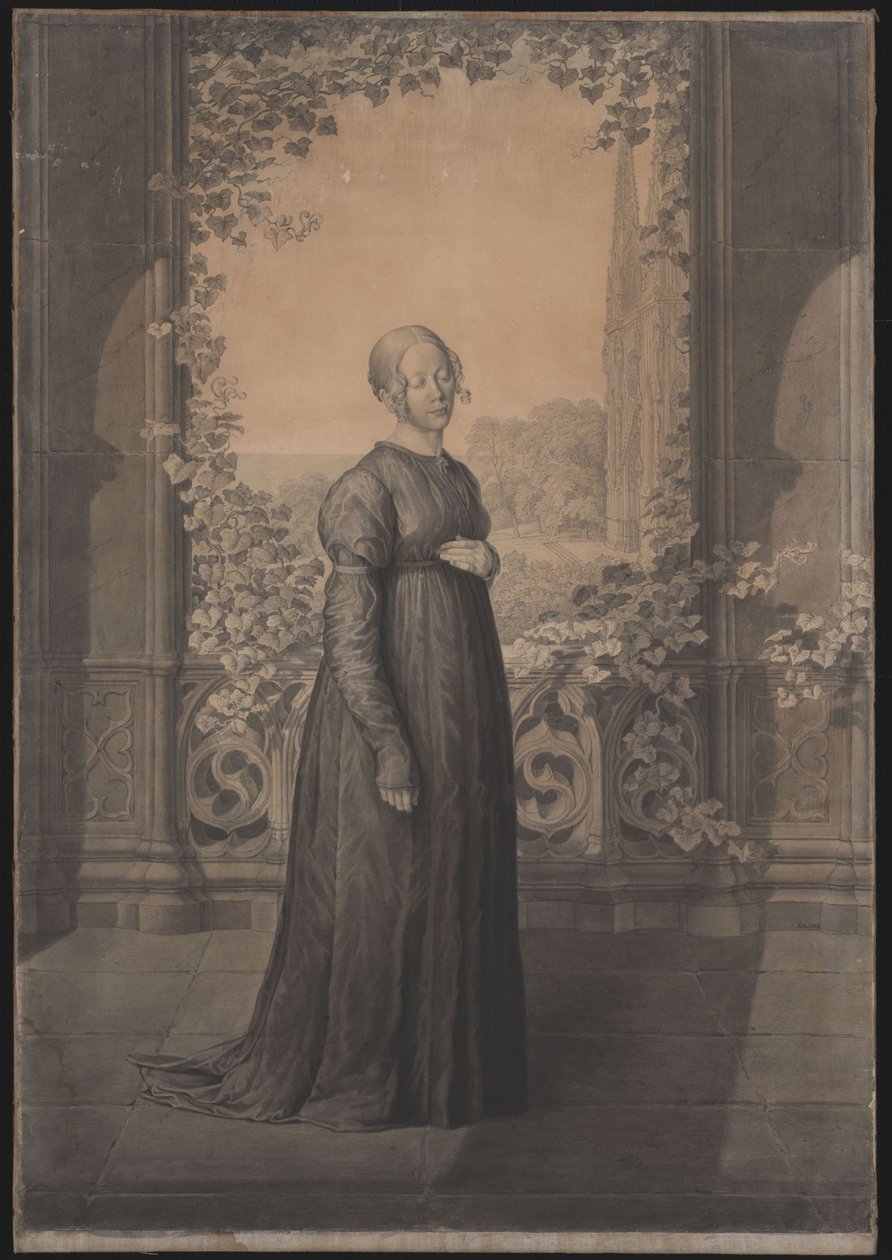 Susanne Schinkel in een oud-Duitse jurk voor gotische architectuur, op de achtergrond een landschap met een gotische kathedraal door Karl Friedrich Schinkel