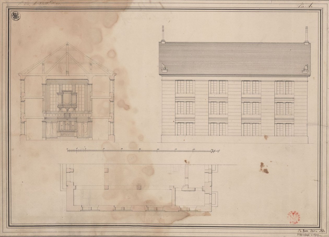 Tillendorf (Bolesławice, district Liegnitz). Ontwerp voor de protestantse kerk. Plattegrond, opstand van de zijgevel en dwarsdoorsnede door Karl Friedrich Schinkel