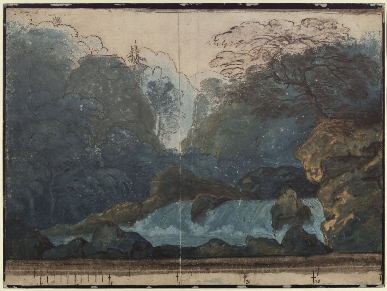 Undine. Opera van E. T. A. Hoffmann. Ontwerp van het tweede decor. Bos met waterval door Karl Friedrich Schinkel