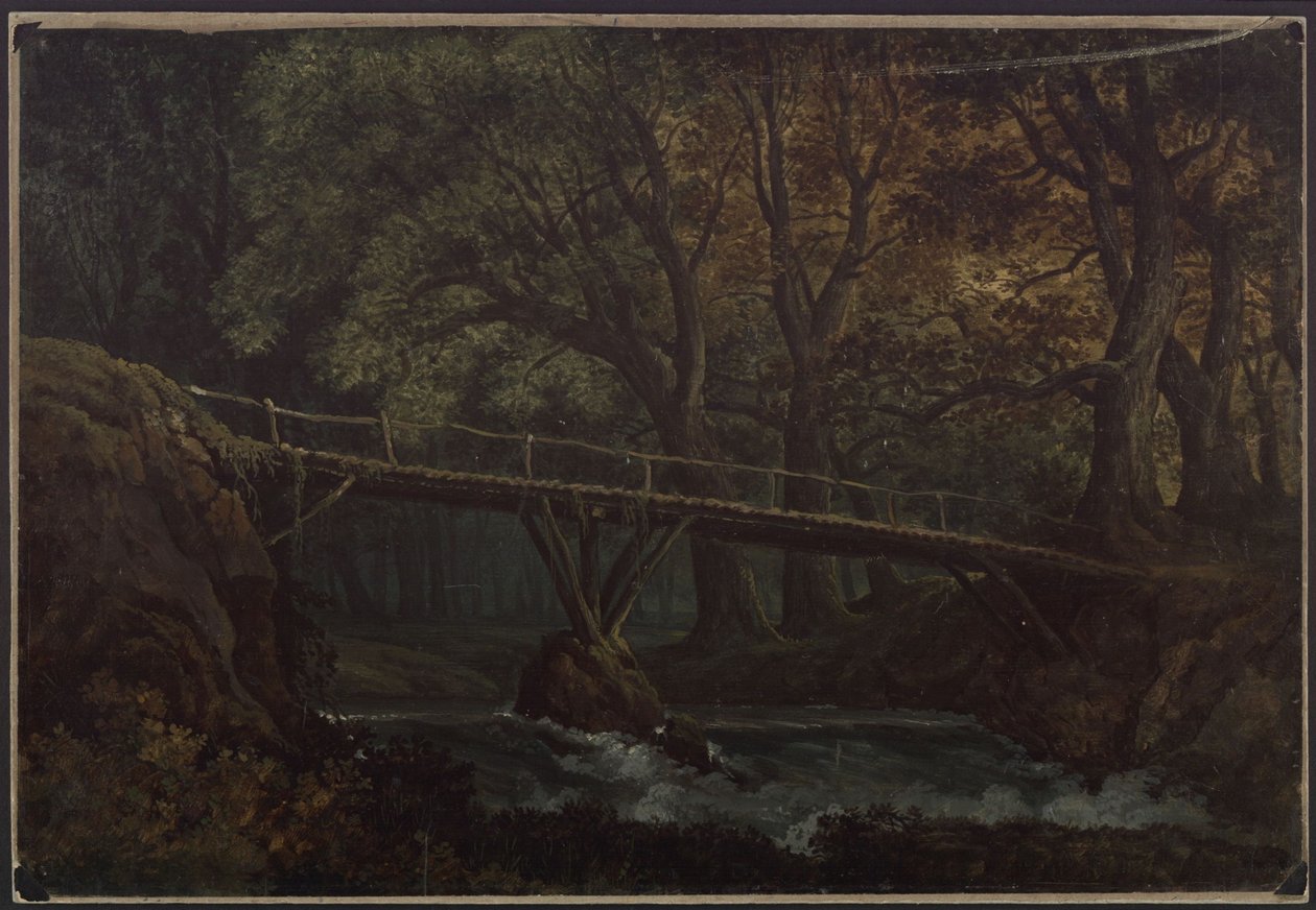 Undine. Opera van E. T. A. Hoffmann. Ontwerp voor het 7e decor. Dicht bos met brug over een beek door Karl Friedrich Schinkel