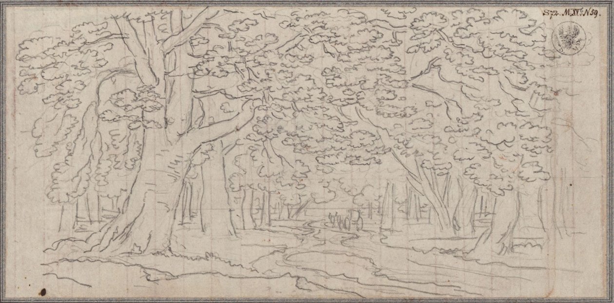 Een boslandschap waar een pad doorheen slingert door Karl Friedrich Schinkel