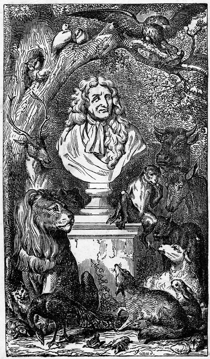 Allegorische buste van Jean de La Fontaine, omringd door dieren; frontispice van een boek van de Fabels van La Fontaine door Karl Girardet