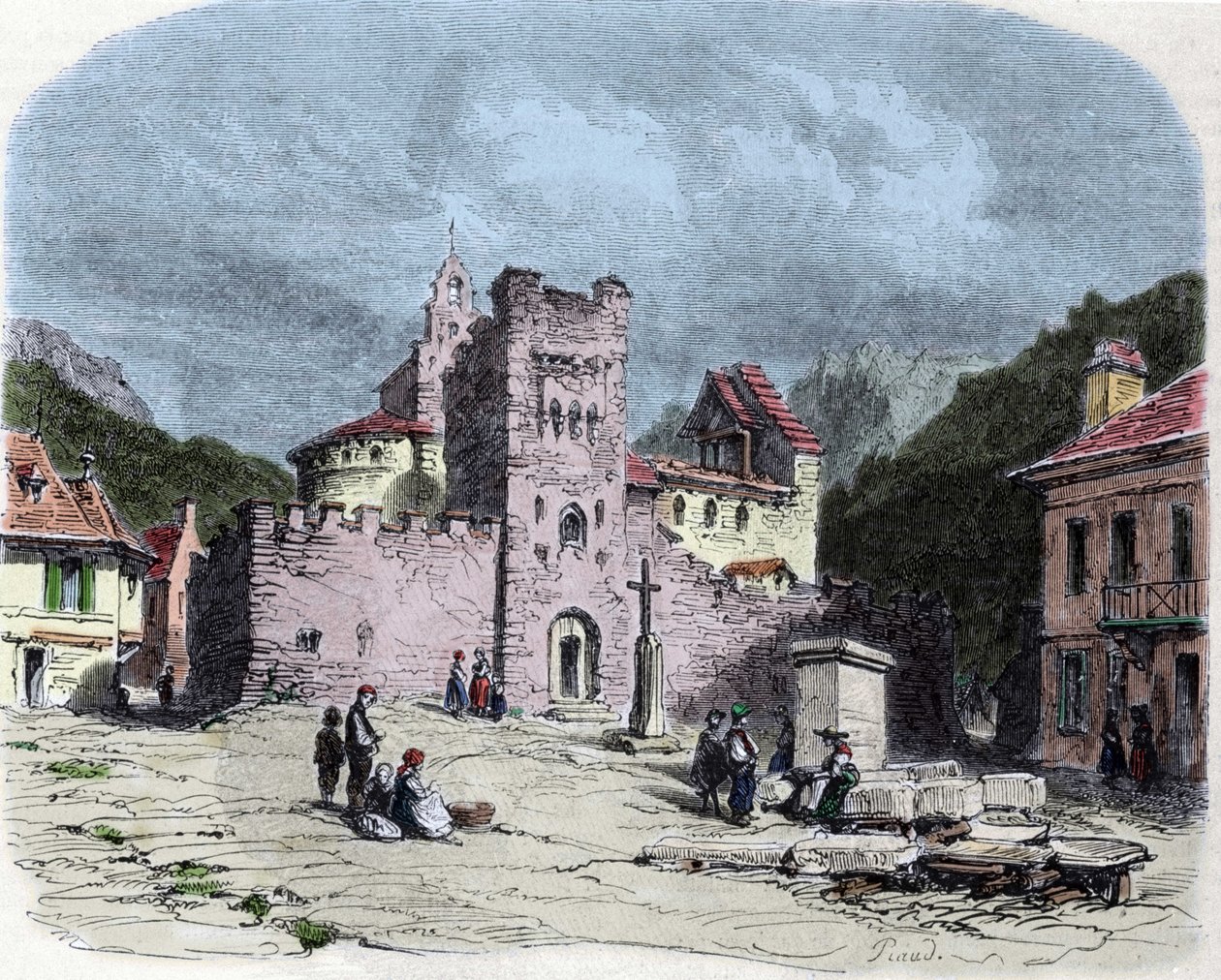 Kerk van de Ridders van de Orde van de Tempel (Tempeliers) in Luz Saint Saviour (Luz-Saint-Sauveur of Luz St Saviour, Luz-St-Sauveur). Tekening door Karl Girardet (1813-1871) door Karl Girardet