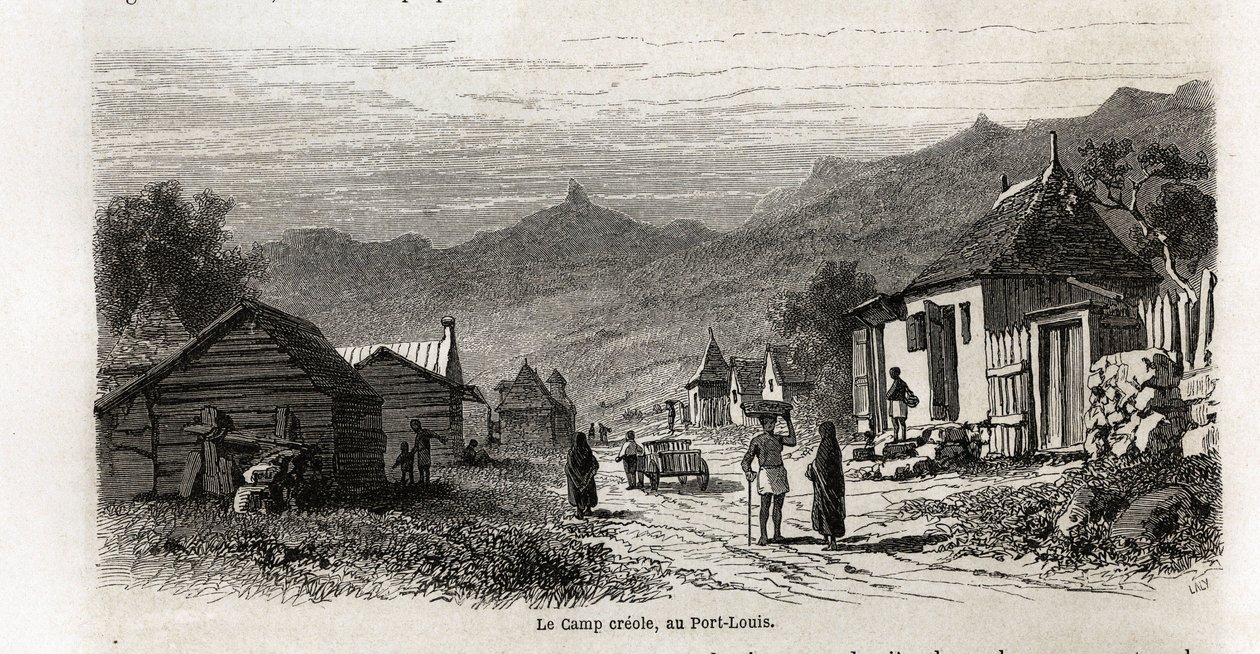 Het kamp Creool, in Port Louis, tekening door Karl Girardet (1813-1871), ter illustratie van Alfred Verney