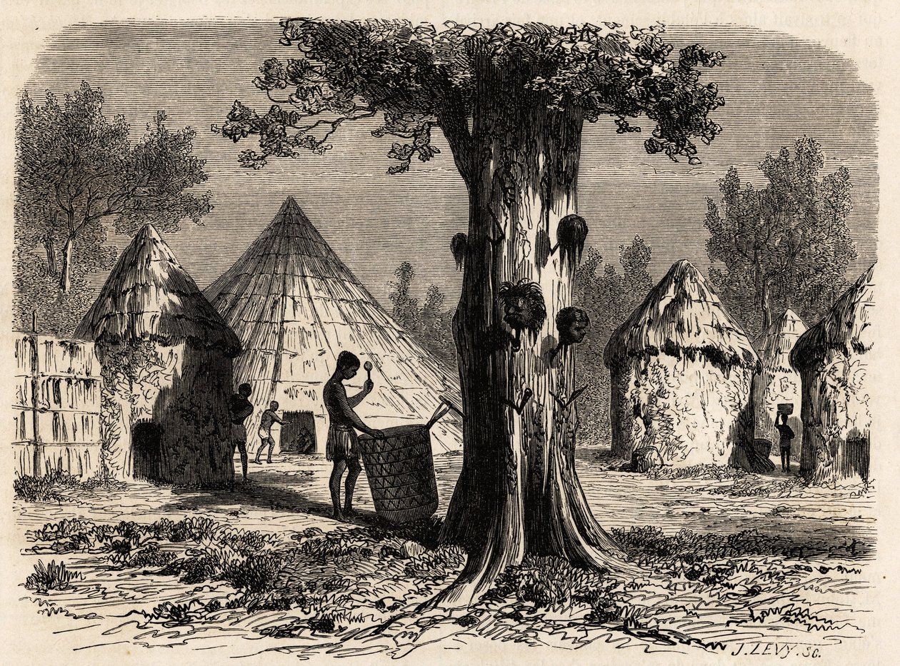 De boom van oorlog, in een dorp Djour, Bahr-el-Gazal regio, Soedan, tekening door Karl Girardet (1813-1871) ter illustratie van de reis naar de rivier van de gazellen van A. Bolognesi, in 1856-1857. Gravure in 