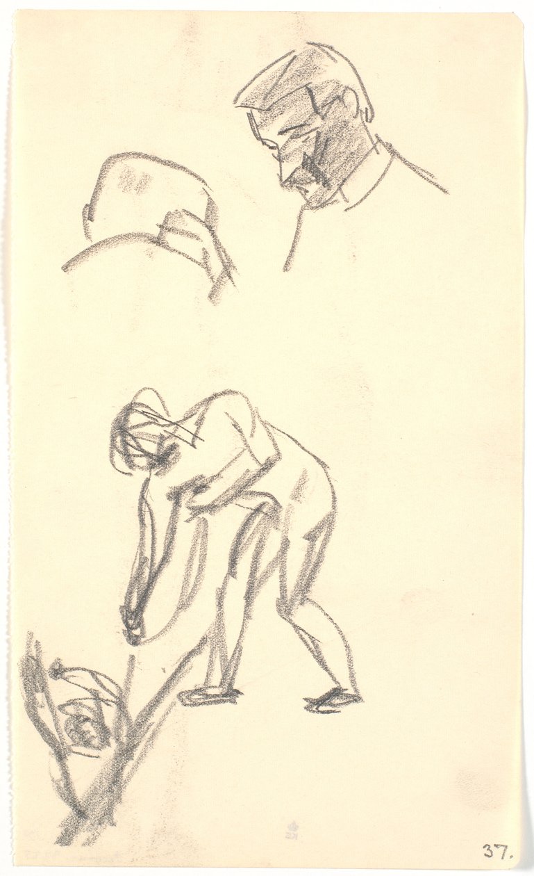 Verschillende kleine schetsen: Twee hoofden van een paar figuren (compositieontwerp?) door Karl Isakson