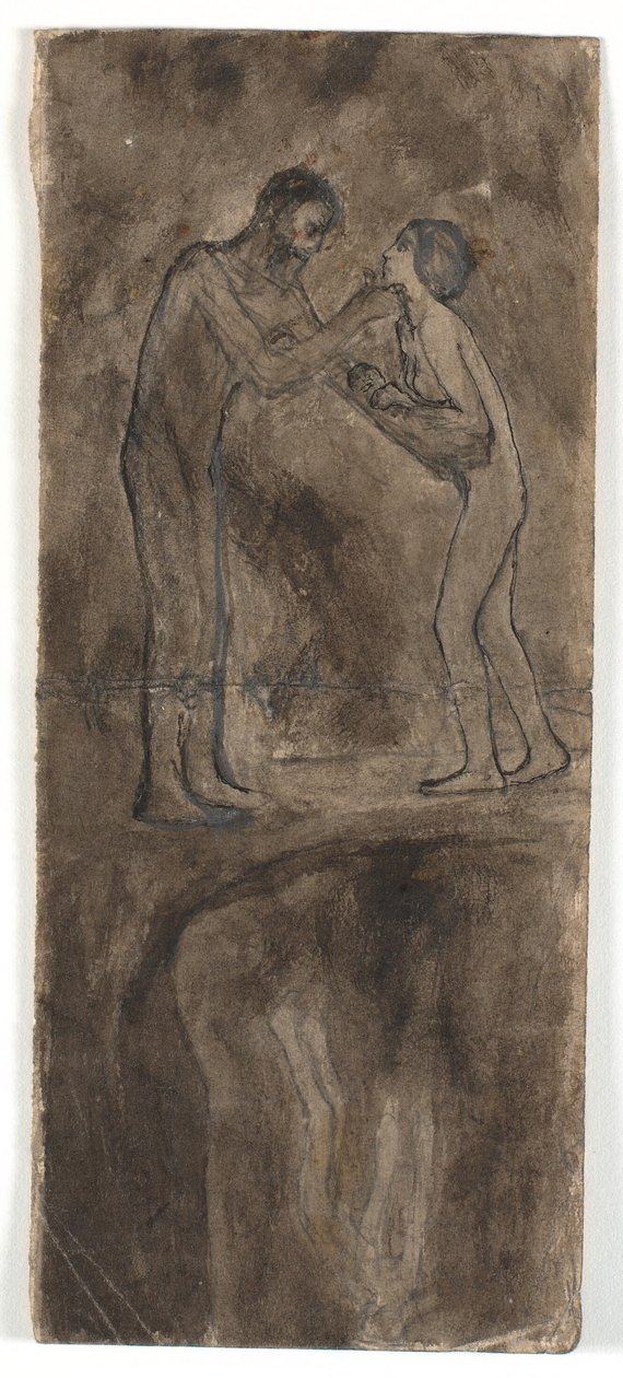Compositieschets, naakte man en vrouw met kind. Onderaan, ondersteboven, naakte figuur door Karl Isakson