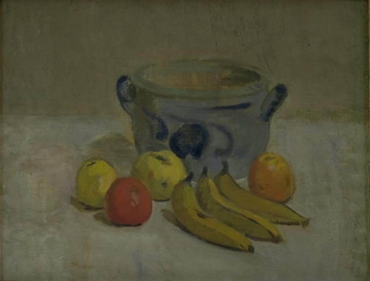 Stilleven met grijze pot, appels en bananen door Karl Isakson