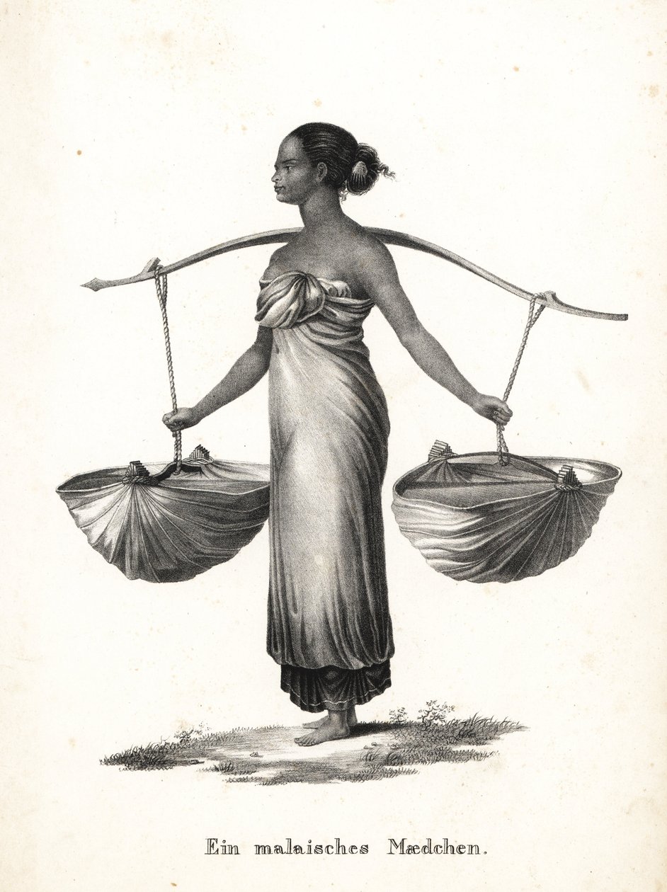Maleis meisje met opgestoken haar draagt sneakers aan een juk. Lithografie door Karl Joseph Brodtmann uit Heinrich Rudolf Schinz
