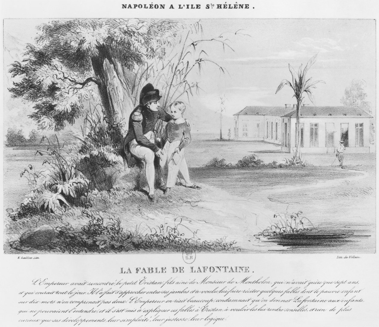 Napoleon I (1769-1821) op het eiland Sint-Helena, uitleggend de Fabels van Jean de La Fontaine aan Tristan de Montholon, gegraveerd door Villain door Karl Loeillot Hartwig