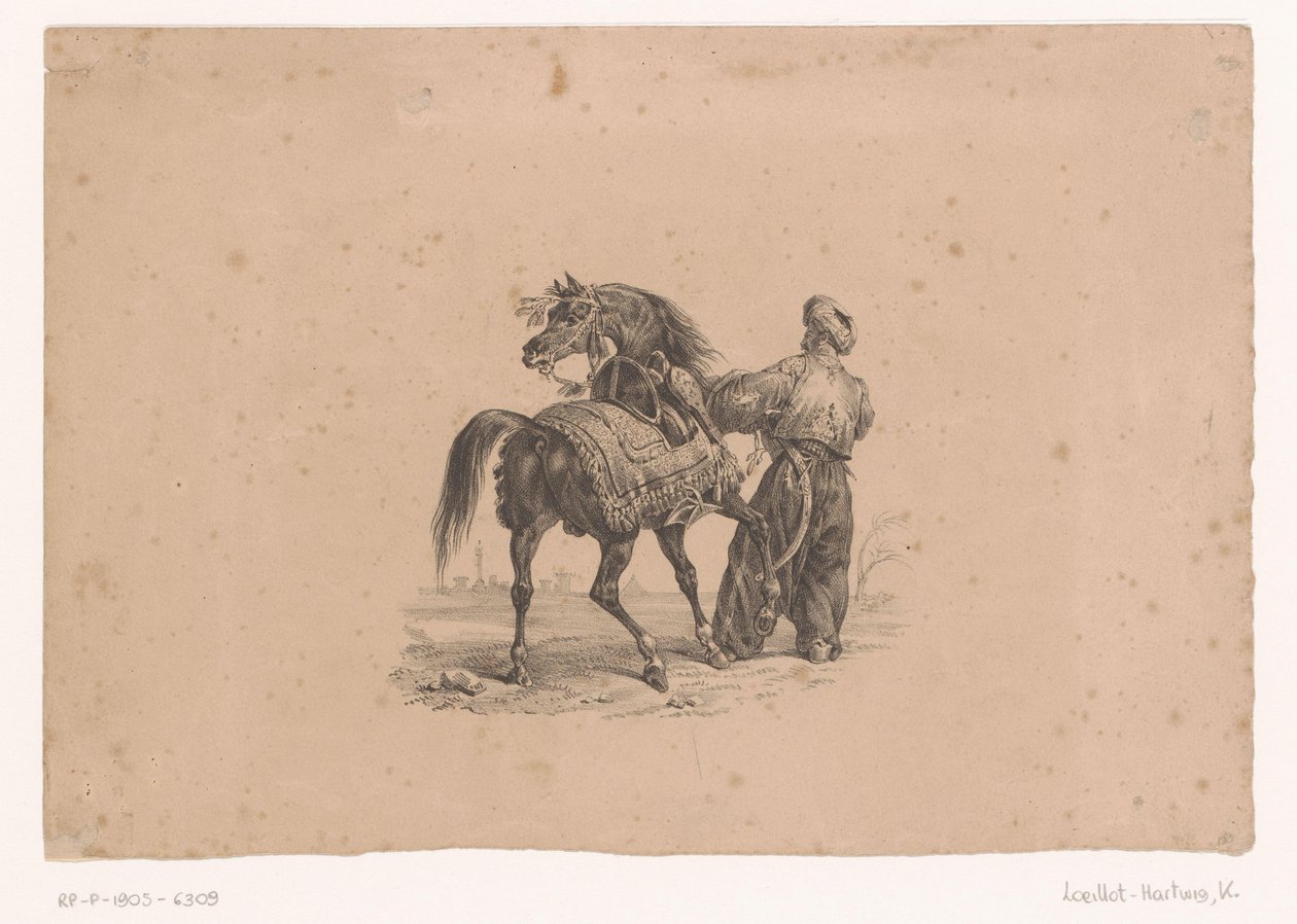 Paard en staande man in Ottomaanse kledij door Karl Loeillot Hartwig