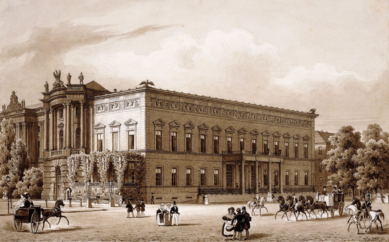 Unter den Linden, Berlijn. Het paleis van prins Wilhelm, gebouwd door Karl Langhans in 1834-36, en de Koninklijke Bibliotheek, gebouwd door Georg Christian Unger 1775-78 volgens plannen van Josef Emanuel Fischer von Erlach, met uitzicht op de Platz am Oper door Karl Loeillot Hartwig