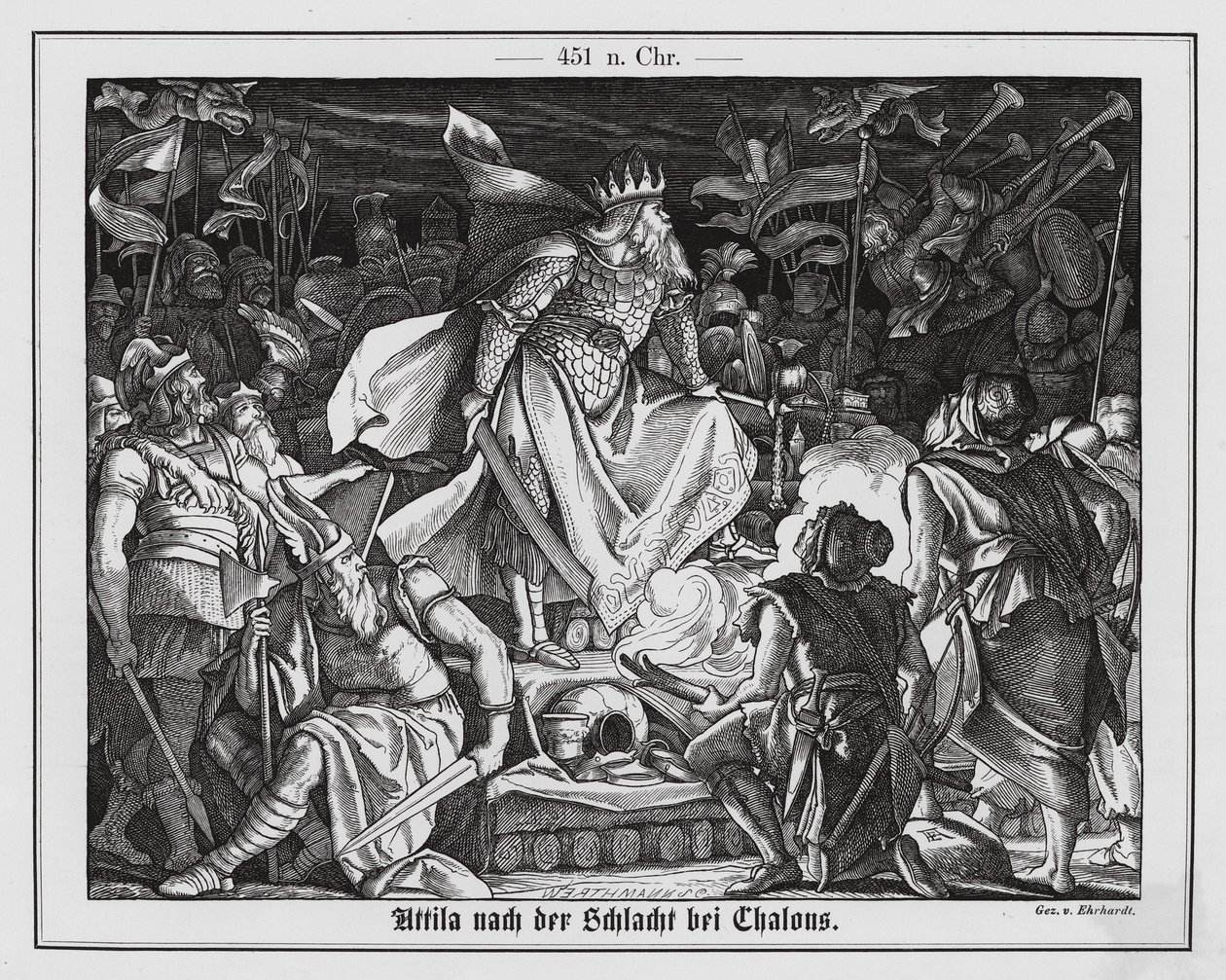 Attila de Hun na de Slag bij Chalons, 451 (gravure) door Karl Ludwig Adolf Ehrhardt