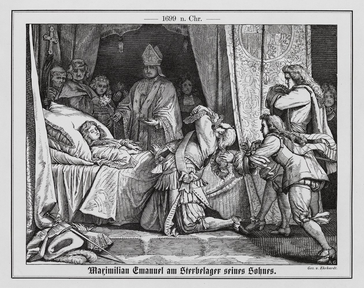 Maximiliaan II Emmanuel, keurvorst van Beieren, aan het sterfbed van zijn zoon door Karl Ludwig Adolf Ehrhardt