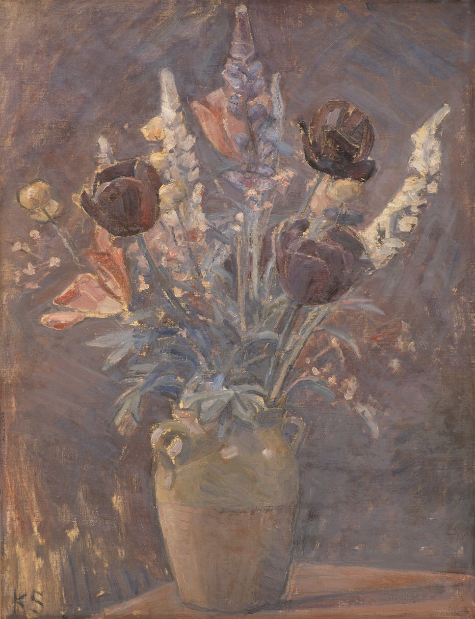 Aarden vaas met tulpen en andere bloemen door Karl Schou