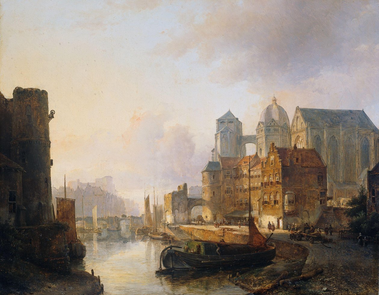 Denkbeeldig uitzicht op een stad aan de rivier met de kathedraal van Aken door Kasparus Karsen (signed by artist)