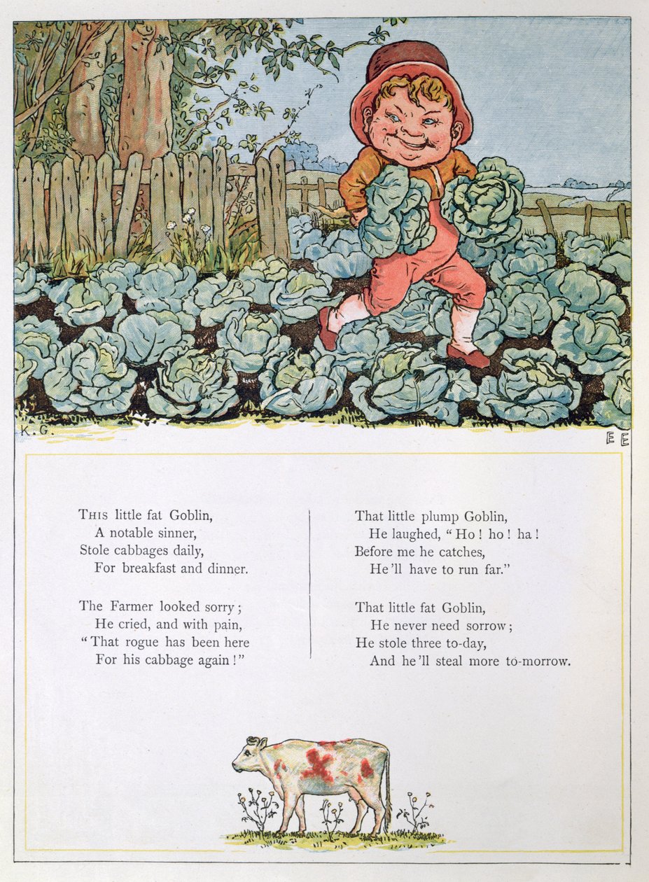 Een kabouter die kool steelt, illustratie voor een gedicht uit 
