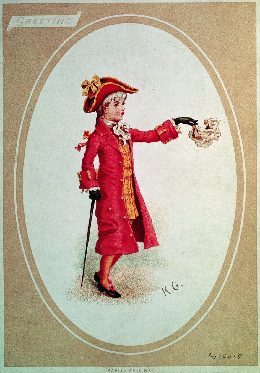 Jongen gekleed in scharlakenrood door Kate Greenaway