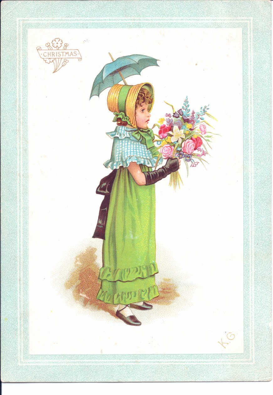 Victoriaanse wenskaart van kinderen in kostuum die dansen, ca. 1880 door Kate Greenaway