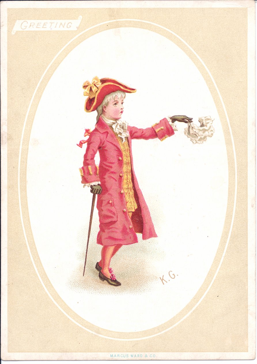 Victoriaanse wenskaart van kinderen aan een dinertafel terwijl een als kok verkleed kind het snijmes slijpt, ca. 1880 door Kate Greenaway