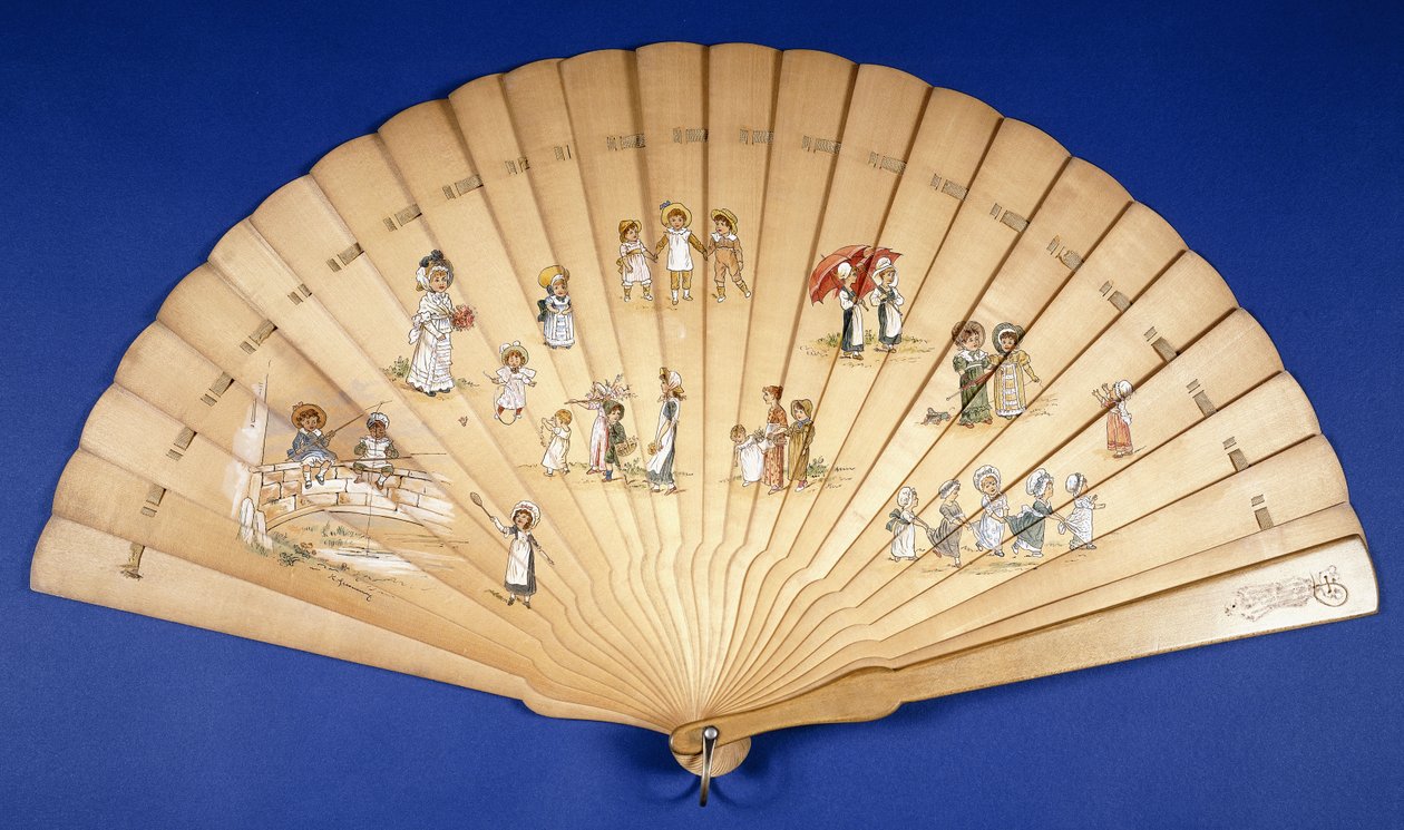 Een grote houten Brise waaier beschilderd met groepen kinderen bij verschillende bezigheden door Kate Greenaway