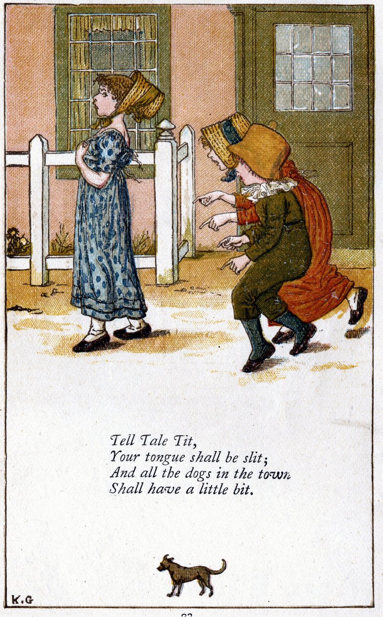 Vertel sprookje tit / Je tong zal worden gespleten: Illustratie door Kate Greenaway voor een boek met kinderrijmpjes. Chromolithografie door Kate Greenaway