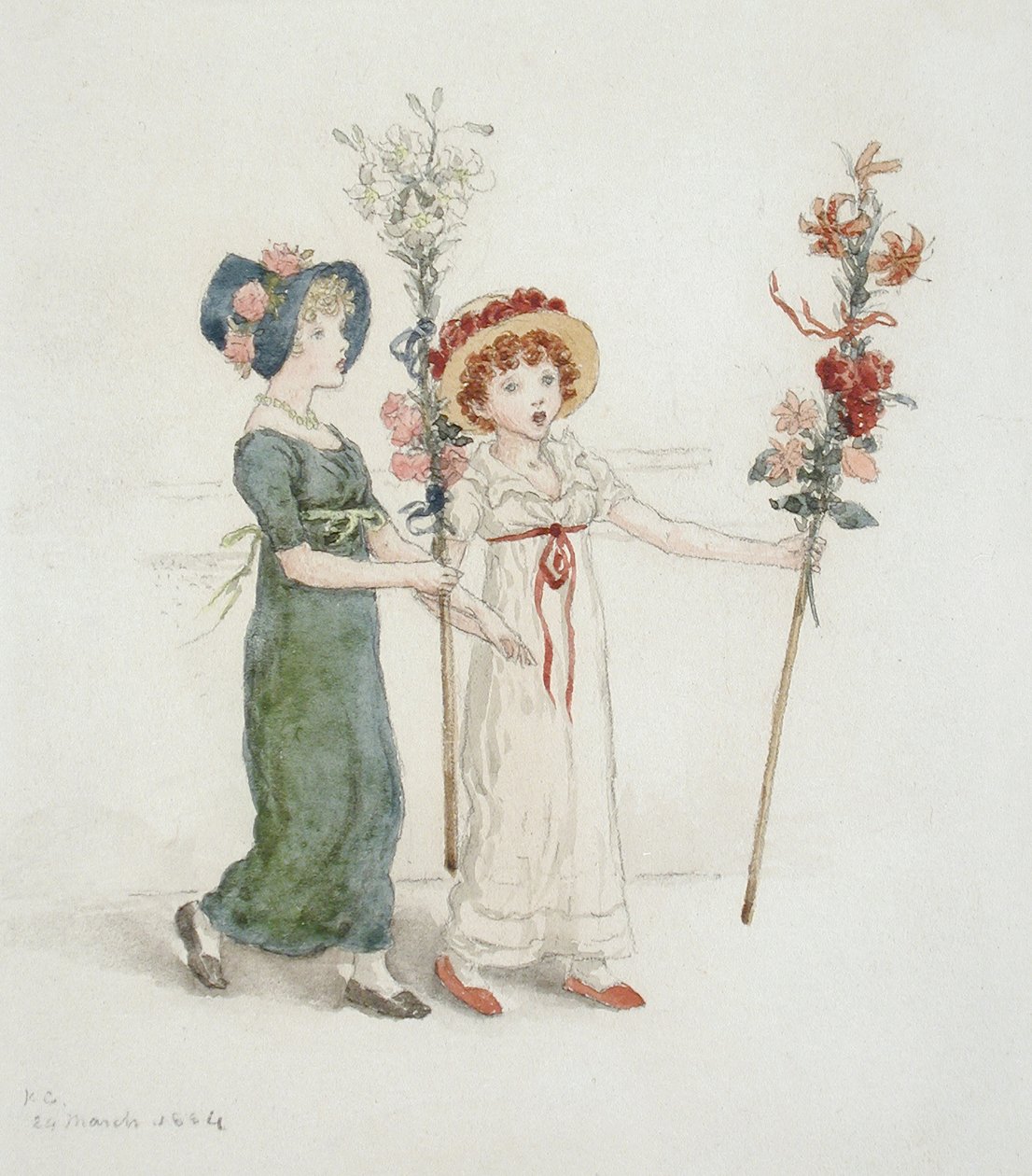 Twee kinderen met stokken door Kate Greenaway