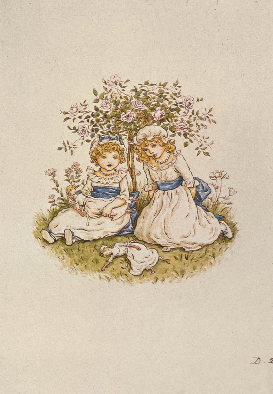 Twee meisjes met poppen zittend onder een rozenstruik, 19e eeuw door Kate Greenaway