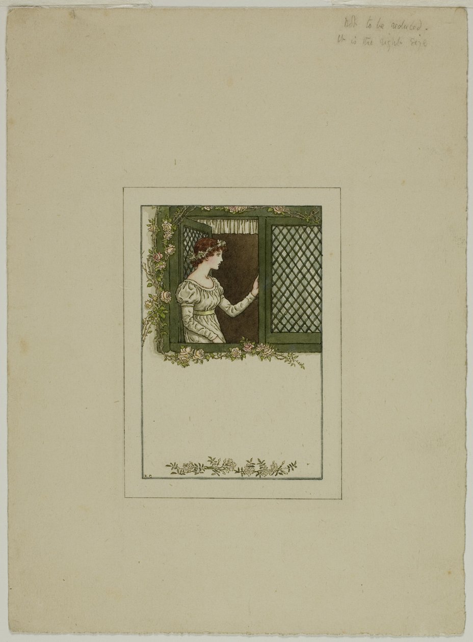 Vrouw bij tralieraam door Kate Greenaway