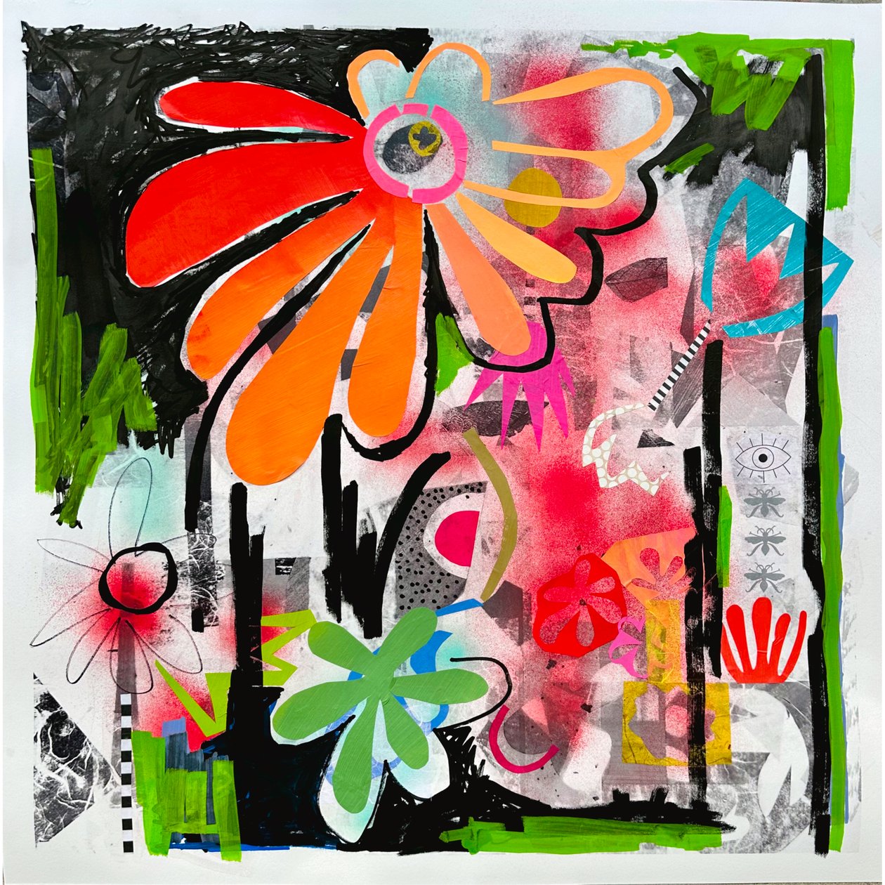 rebel bloom, 2025 (gemengde techniek op papier) door Kathy Dunaway