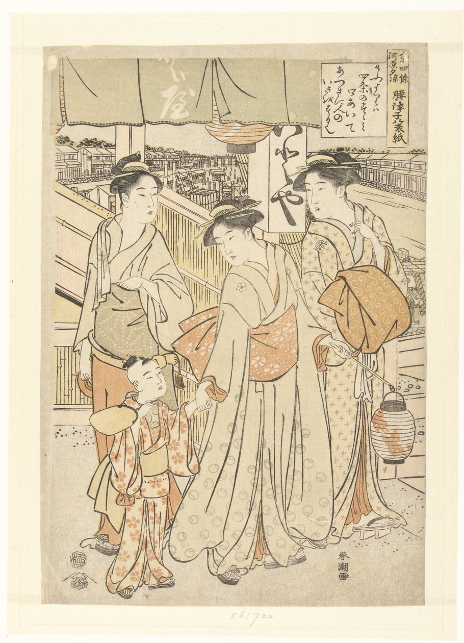 Genieten van de avondbries bij de rivier in Shijo, Kyoto door Katsukawa Shuncho