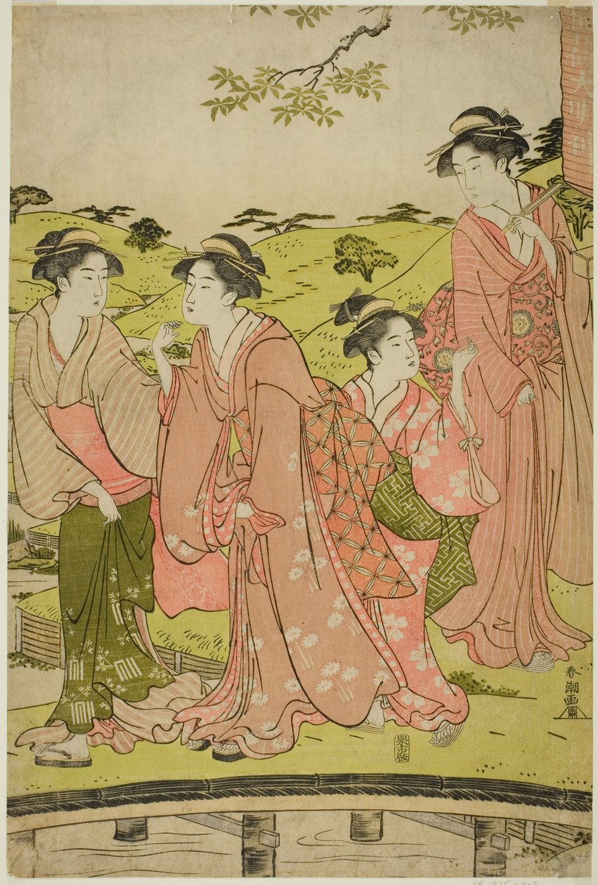 Vrouwen die een Inari-schrijn bezoeken door Katsukawa Shuncho