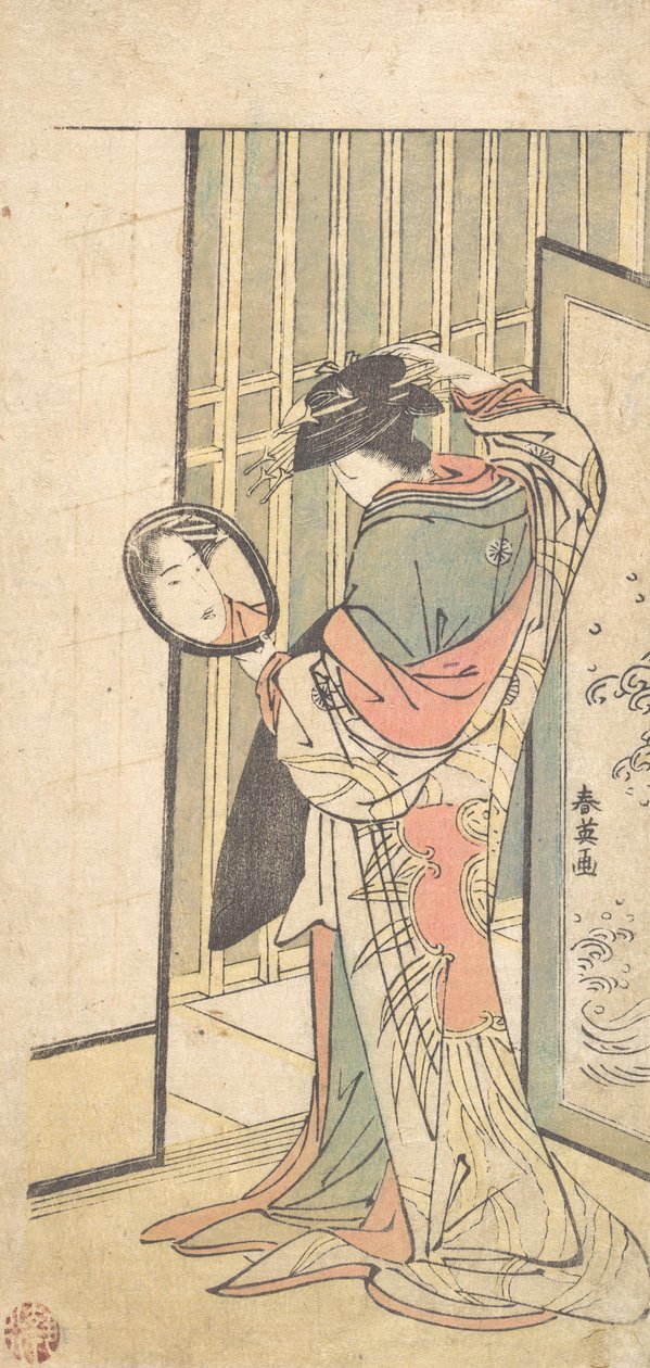 Een courtisane die naar haar spiegelbeeld kijkt in een handspiegel, ca. 1787 door Katsukawa Shun