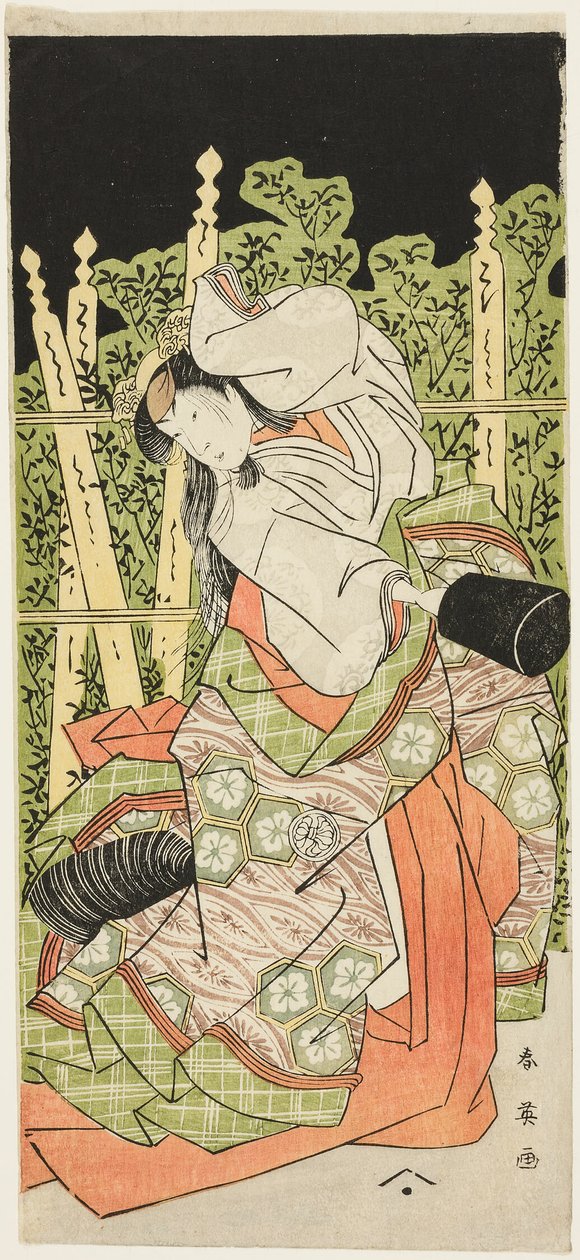 Acteur Segawa Kikunojô III Mogelijk als Ono no Komachi in "Komachi Village: Nieuwjaar in het theater" ("Komachimura shibai no shôgatsu") door Katsukawa Shun