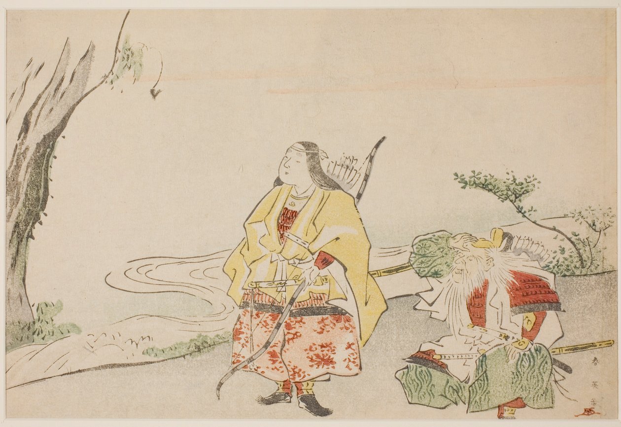 Keizerin Jingu (links) en haar minister Takenouchi no Sukune (rechts) door Katsukawa Shun